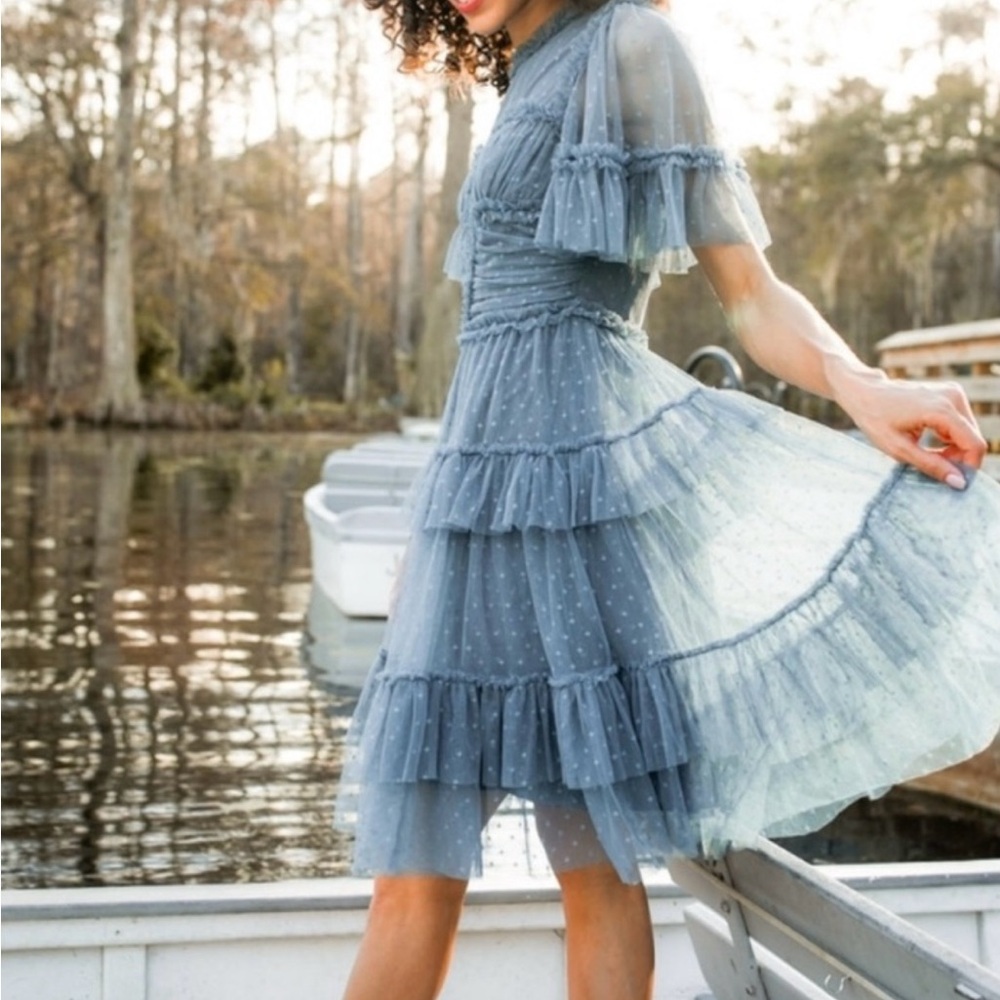Ivy City Co Whimsical Blue Ruffled Tiered Midi Dress